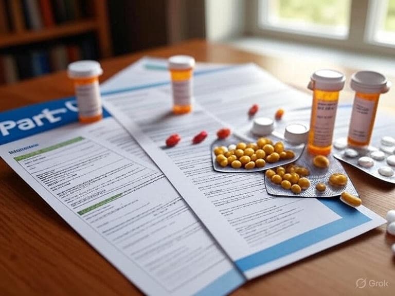 Medicare Part D prescription drug plan document with pill bottles - AEP 2026 Medicare enrollment